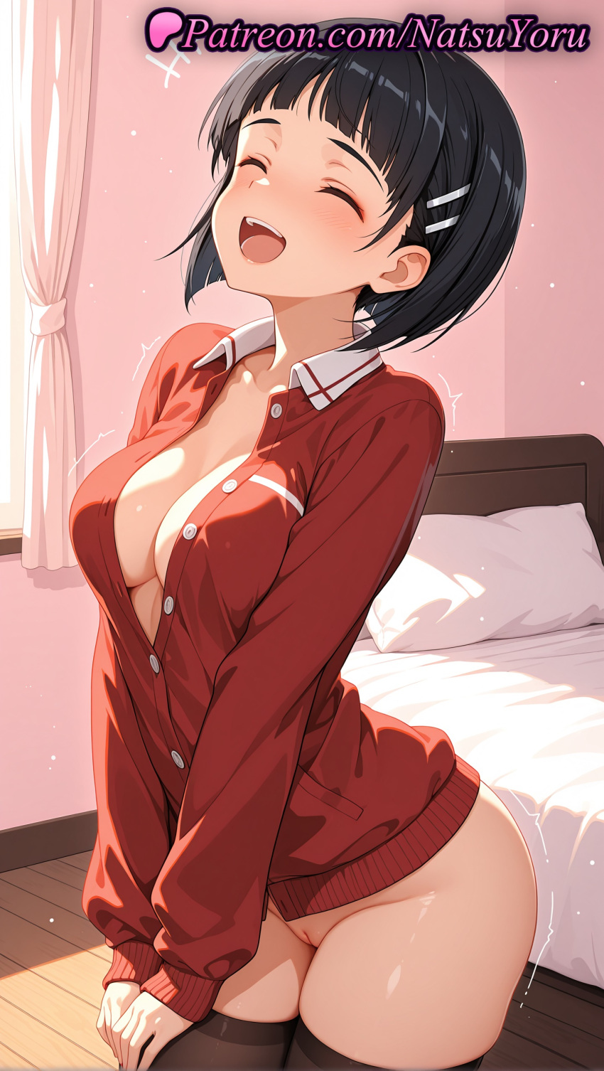 1girl 1girls 2025 ^_^ ai ai_assisted ai_generated anime anime_style asian bangs bed bedroom big_breasts black_hair black_legwear black_thighhighs blunt_bangs blush bob_cut bottomless breasts bust buttons cardigan cleavage cleft_of_venus closed_eyes clothing collarbone collared_shirt cowboy_shot curtains east_asian female_focus female_only female_solo hair_ornament hairclip hentai high_quality high_res high_resolution indoors jacket kirigaya_suguha leafa legwear lips long_sleeves medium_breasts naked_jacket natsuyoru no_bra no_panties on_bed open_clothes open_mouth open_shirt paipan partially_unbuttoned patreon pillow pussy red_jacket red_shirt shirt short_hair sleeves_past_wrists smile solo_female stable_diffusion stockings sword_art_online sword_art_online_alicization teeth trembling uncensored upper_teeth_only v_arms voluptuous voluptuous_female window wooden_floor